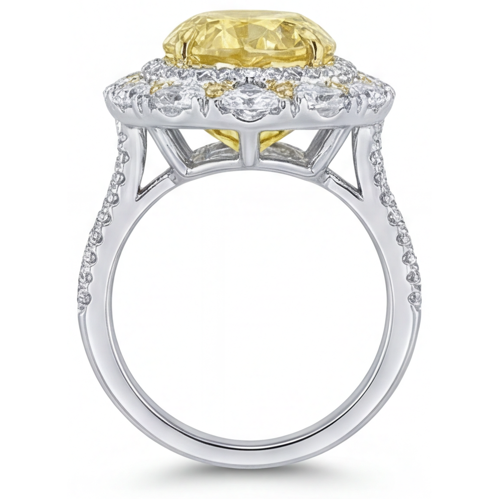 Diamant Jaune Canari Goutte Bague Sertie Halo en Or Bicolore 14 Carats – vue de face