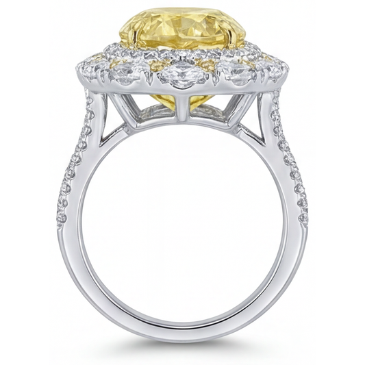 Diamant Jaune Canari Goutte Bague Sertie Halo en Or Bicolore 14 Carats – vue de face