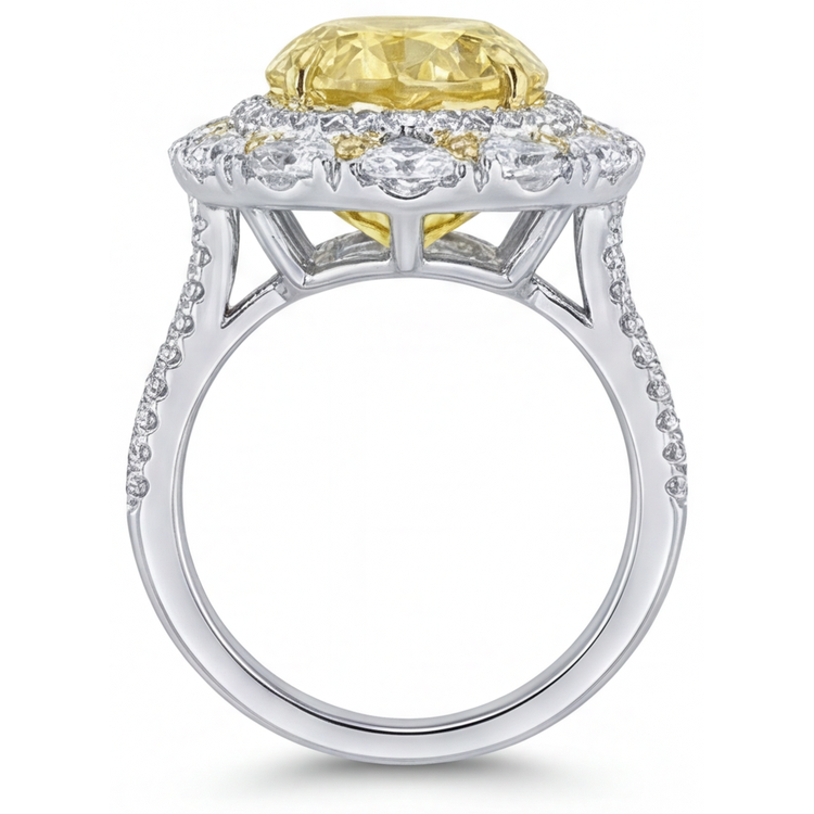 Diamant Jaune Canari Goutte Bague Sertie Halo en Or Bicolore 14 Carats – vue de face