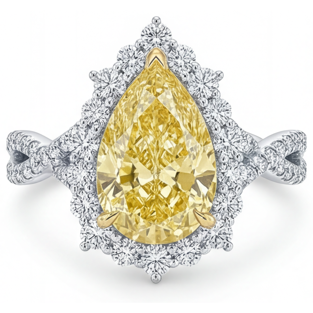 Diamant Jaune Canari Taille Poire Bague Sertie Halo en Or 14K Bicolore – vue principale