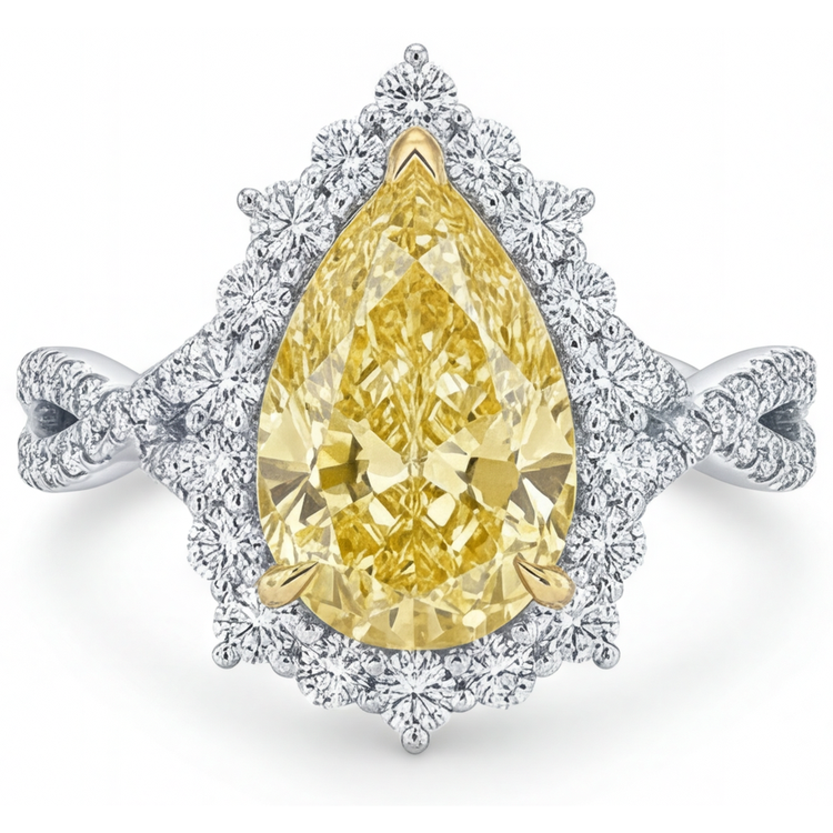 Diamant Jaune Canari Taille Poire Bague Sertie Halo en Or 14K Bicolore – vue principale