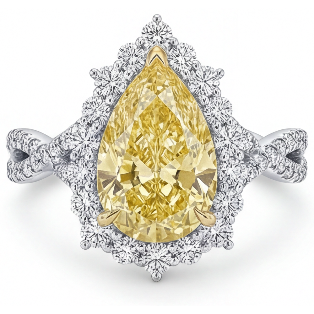 Diamant Jaune Canari Bague Sertie Halo 3,75 carats Or 14K Bicolore – vue de face