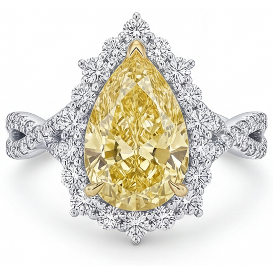 Diamant Jaune Canari Bague Sertie Halo 3,75 carats Or 14K Bicolore – vue de face