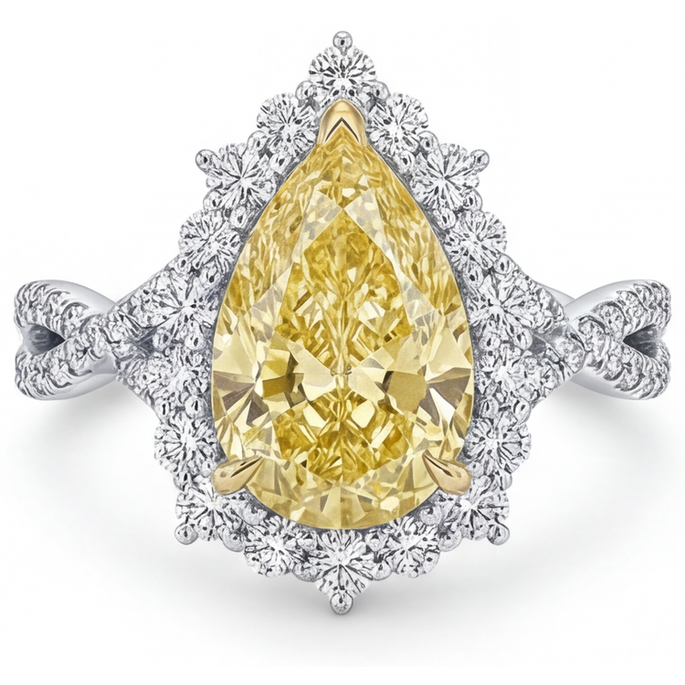 Diamant Jaune Canari Bague Sertie Halo 3,75 carats Or 14K Bicolore – vue de face