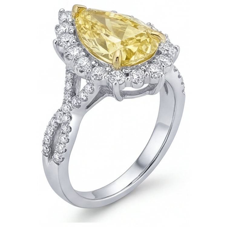 Diamant Jaune Canari Taille Poire Bague Sertie Halo en Or 14K Bicolore – vue d'angle