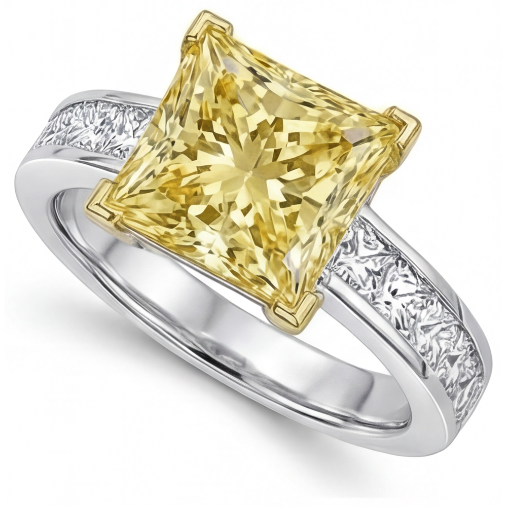 Diamant Jaune Canari Bague Sertie Halo – vue de côté