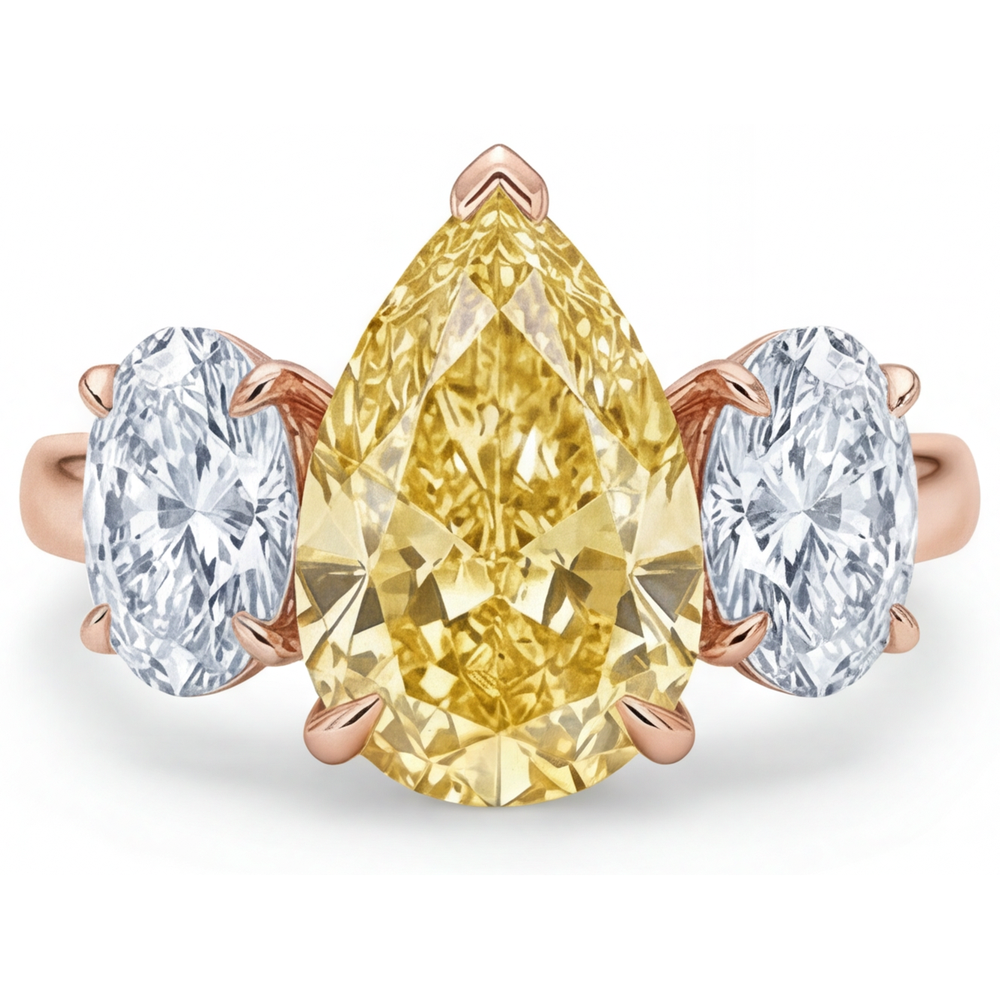 Diamant Jaune Canari Goutte Bague Trilogie en Or Rose 14 Carats – vue de face