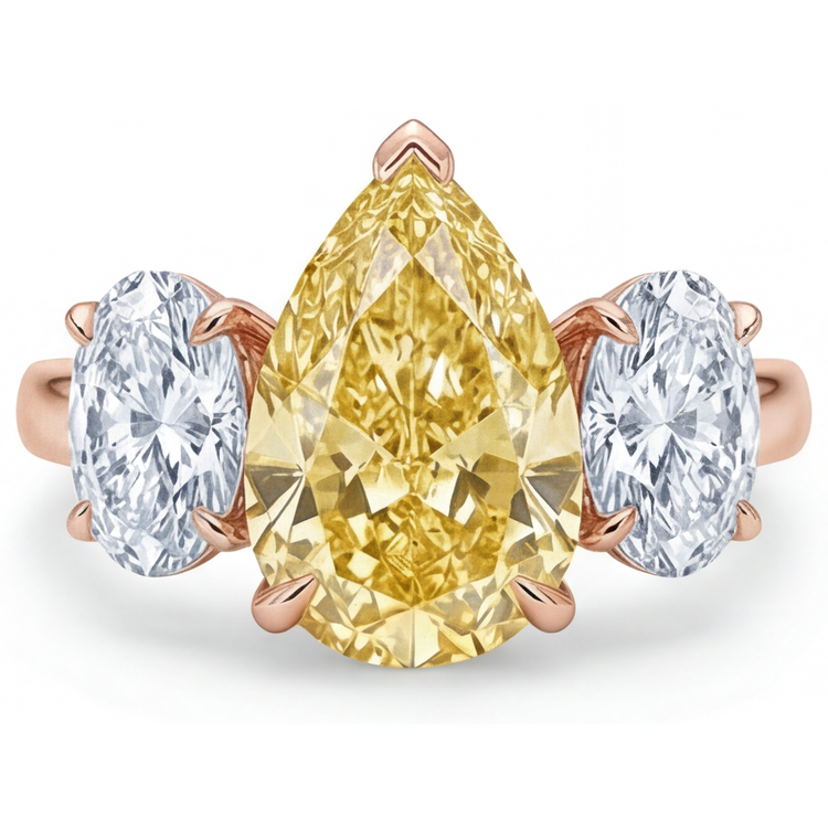 Diamant Jaune Canari Goutte Bague Trilogie en Or Rose 14 Carats – vue de face