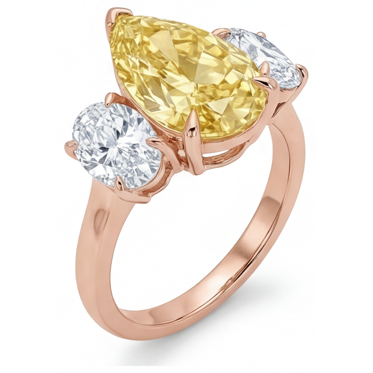 Diamant Jaune Canari Goutte Bague Trilogie en Or Rose 14 Carats – vue de profil