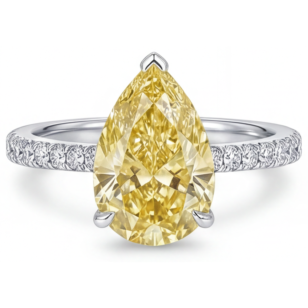 Taille Poire Diamant Jaune Fancy bague en Or Blanc 14 Carats – vue de côté