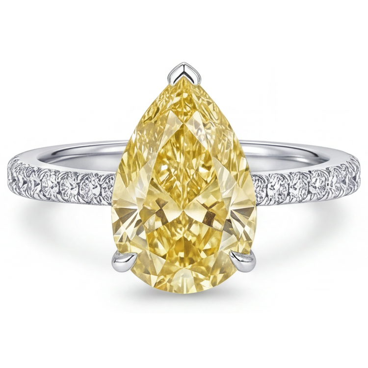 Taille Poire Diamant Jaune Fancy bague en Or Blanc 14 Carats – vue de côté