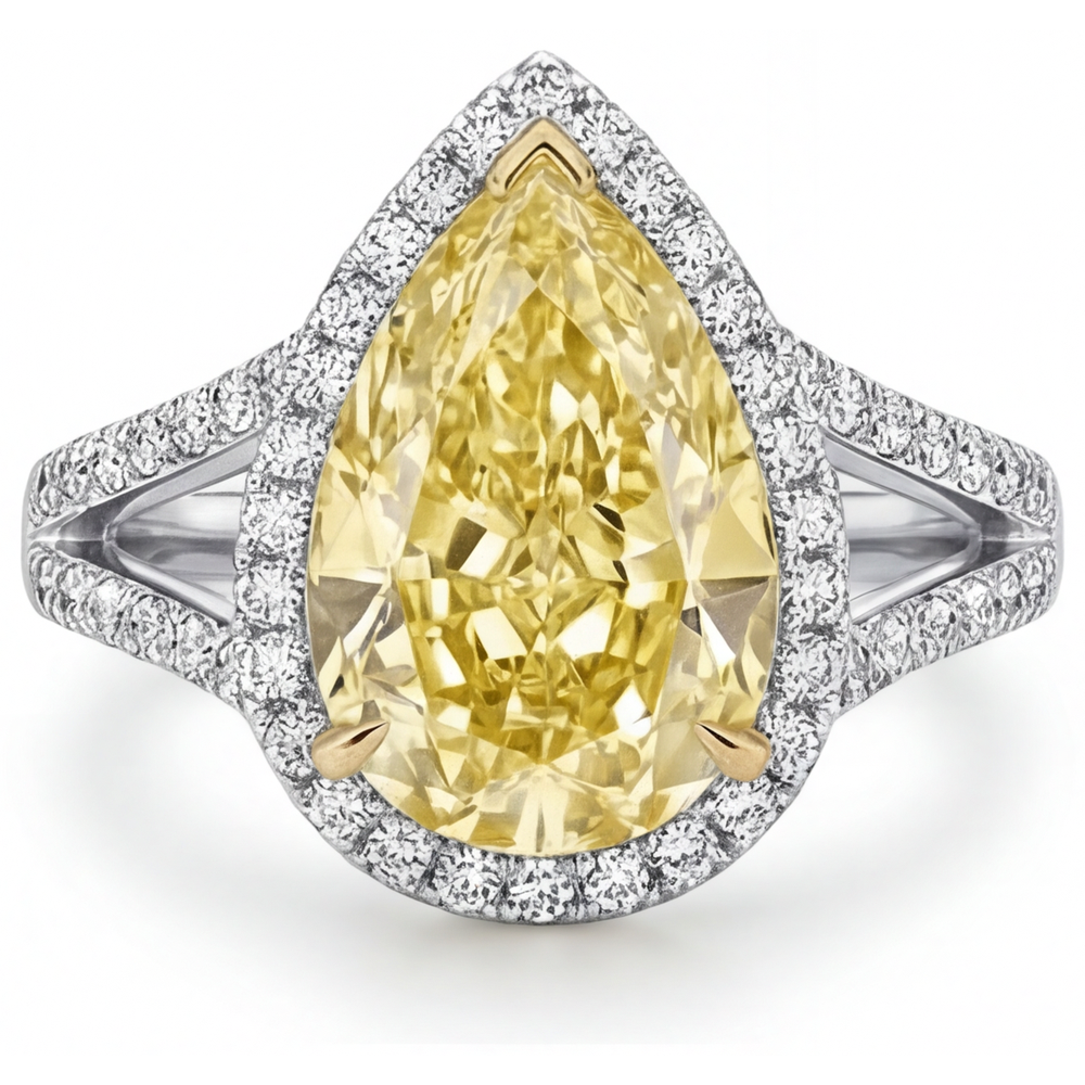 Diamant Jaune Fancy Bague de Fiançailles Halo 3 carats Or 14K Bicolore – vue de face