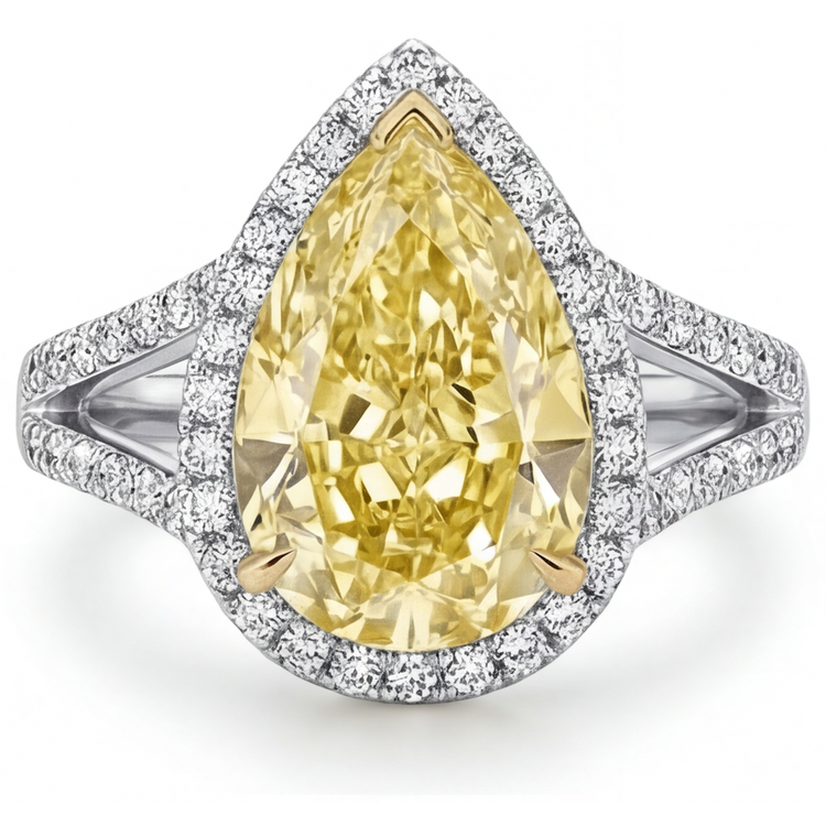 Diamant Jaune Fancy Bague de Fiançailles Halo 3 carats Or 14K Bicolore – vue de face