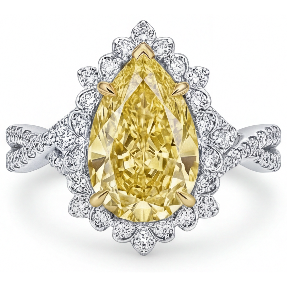 Diamant Jaune Fancy Bague de Fiançailles Halo 3-carats Or Deux Tons 14 Carats – vue de face