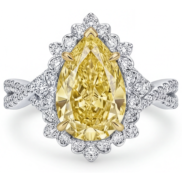 Diamant Jaune Fancy Bague de Fiançailles Halo 3-carats Or Deux Tons 14 Carats – vue de face