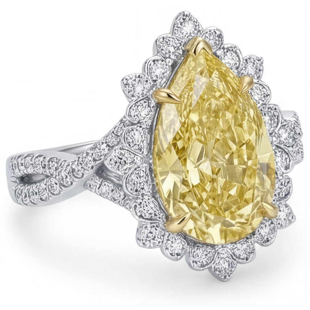 Diamant Jaune Fancy Bague de Fiançailles Halo 3 carats Or Deux Tons 14 Carats – vue de côté