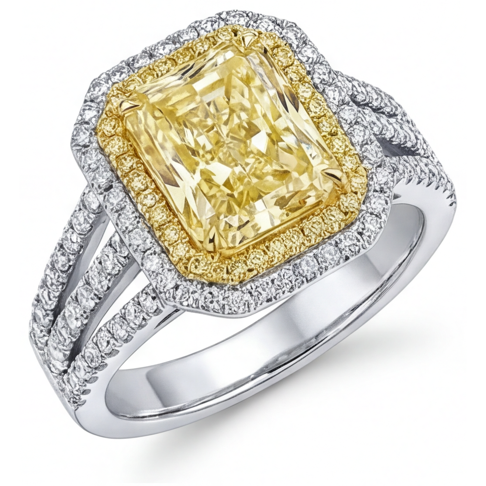 Diamant Jaune Fancy Taille Radiant Bague de Fiançailles Halo en Or 14K Bicolore – vue principale