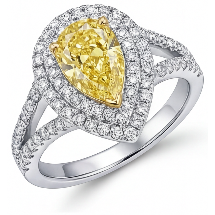 Diamant Jaune Fancy Bague Halo 1,50 carats Or 14K Bicolore – vue de face