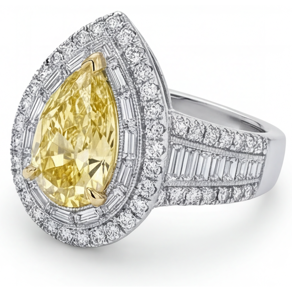 Bague Halo Or 14K Bicolore avec Diamant Jaune Fancy – vue de côté
