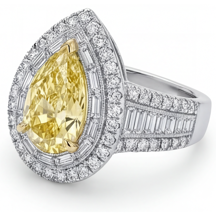 Bague Halo Or 14K Bicolore avec Diamant Jaune Fancy – vue de côté