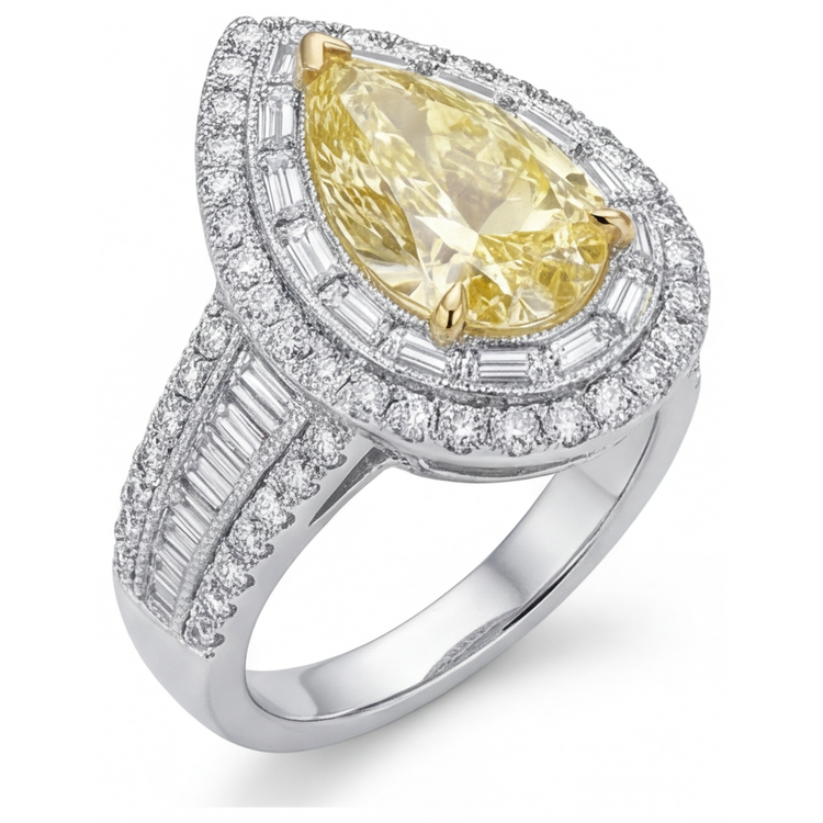 Taille Poire Diamant Jaune Fancy bague en Or 14K Bicolore – vue de profil