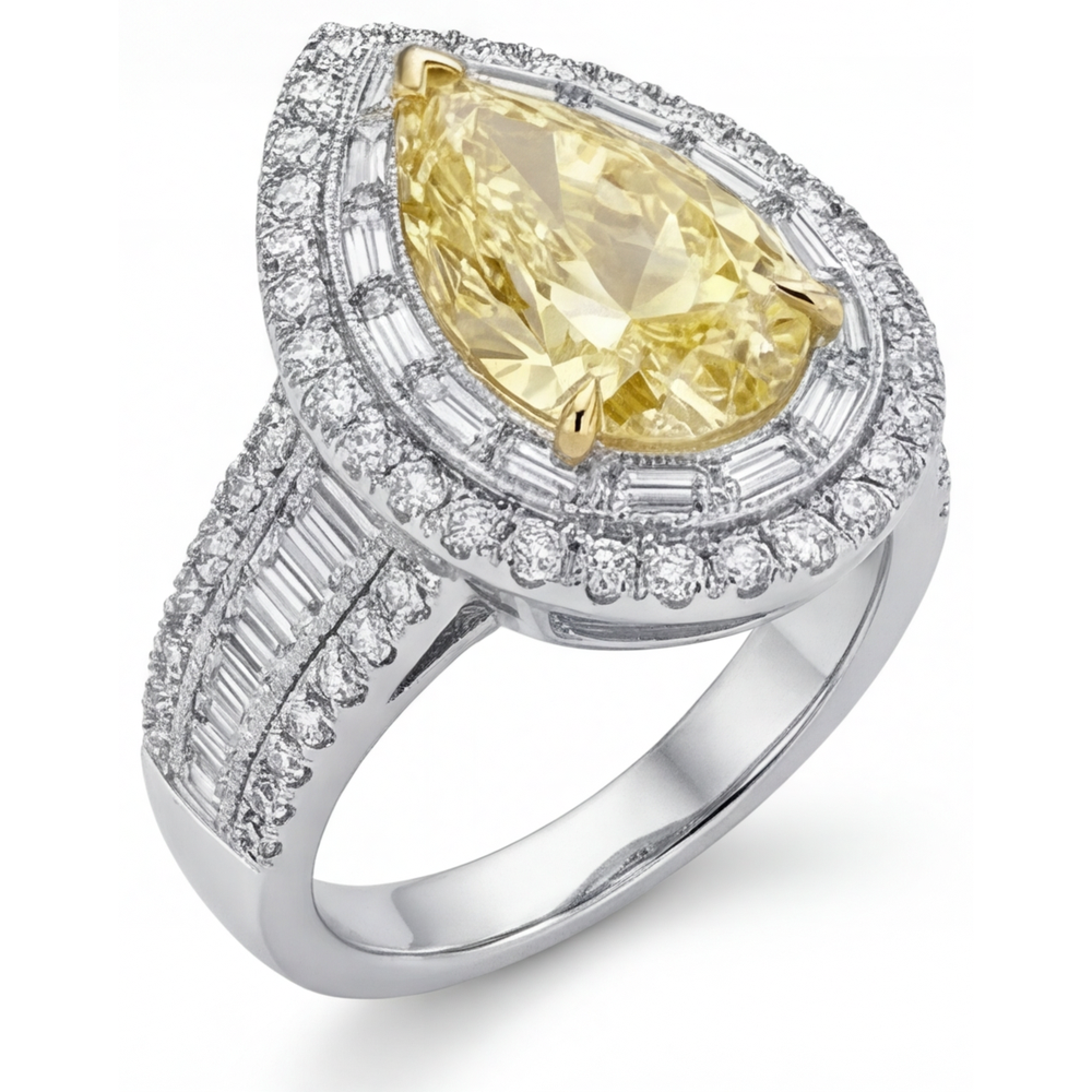 Diamant Jaune Fancy Taille Poire Bague Halo en Or 14K Bicolore – vue de dessus