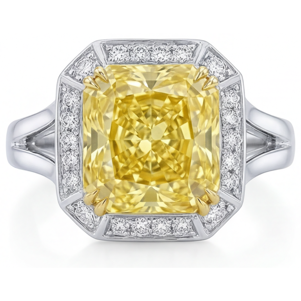 Bague Halo Or Deux Tons 14 Carats avec Diamant Jaune Fancy – vue principale