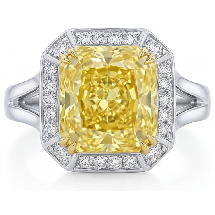 Bague Halo Or Deux Tons 14 Carats avec Diamant Jaune Fancy – vue principale