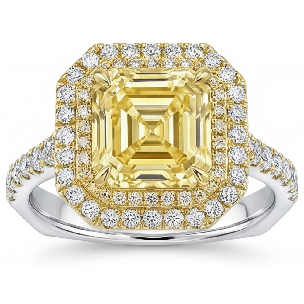 Diamant Jaune Fancy Taille Asscher Bague Sertie Halo en Or Deux Tons 14 Carats – vue principale
