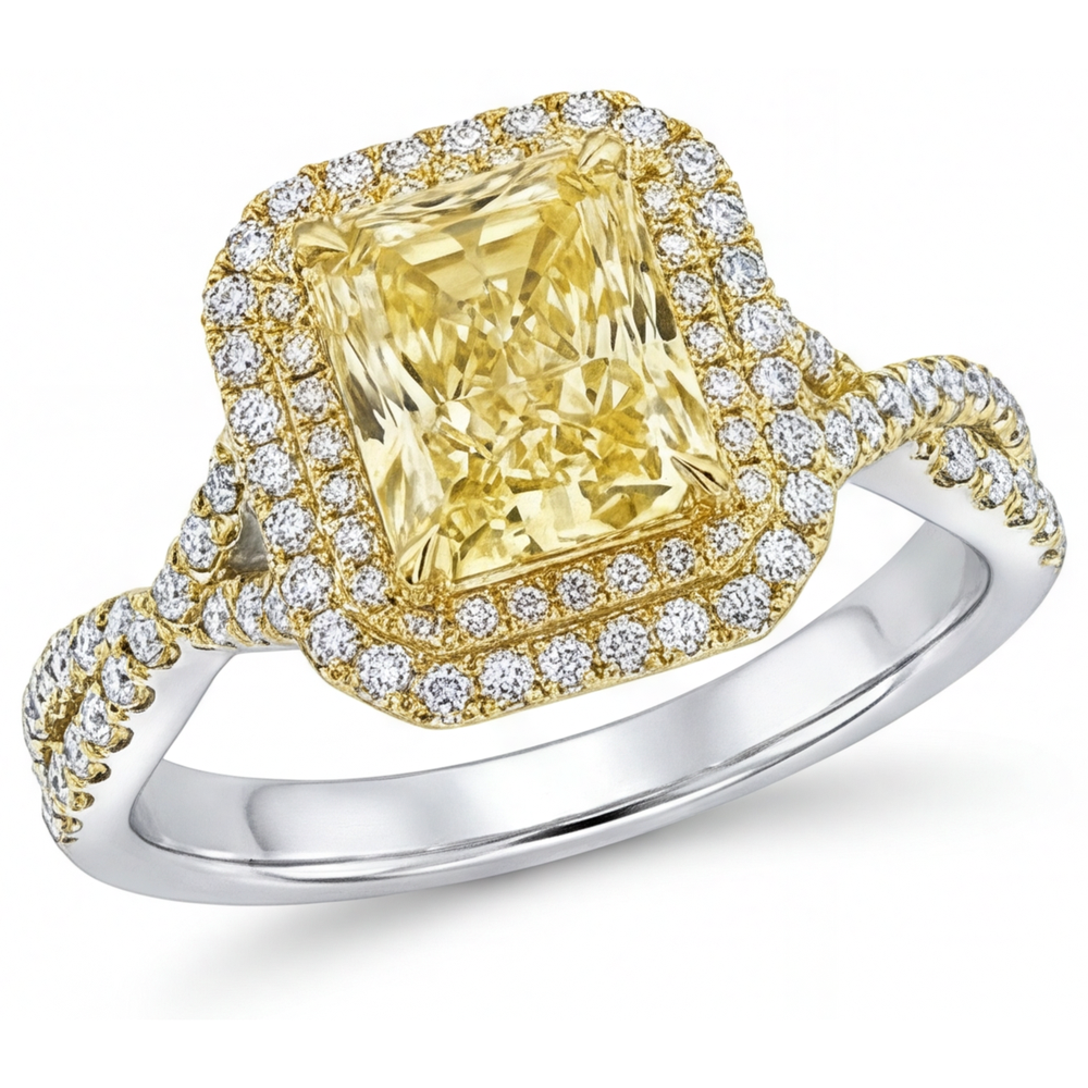 Taille Radiant Diamant Jaune Fancy bague en Or Bicolore 14 Carats – vue principale