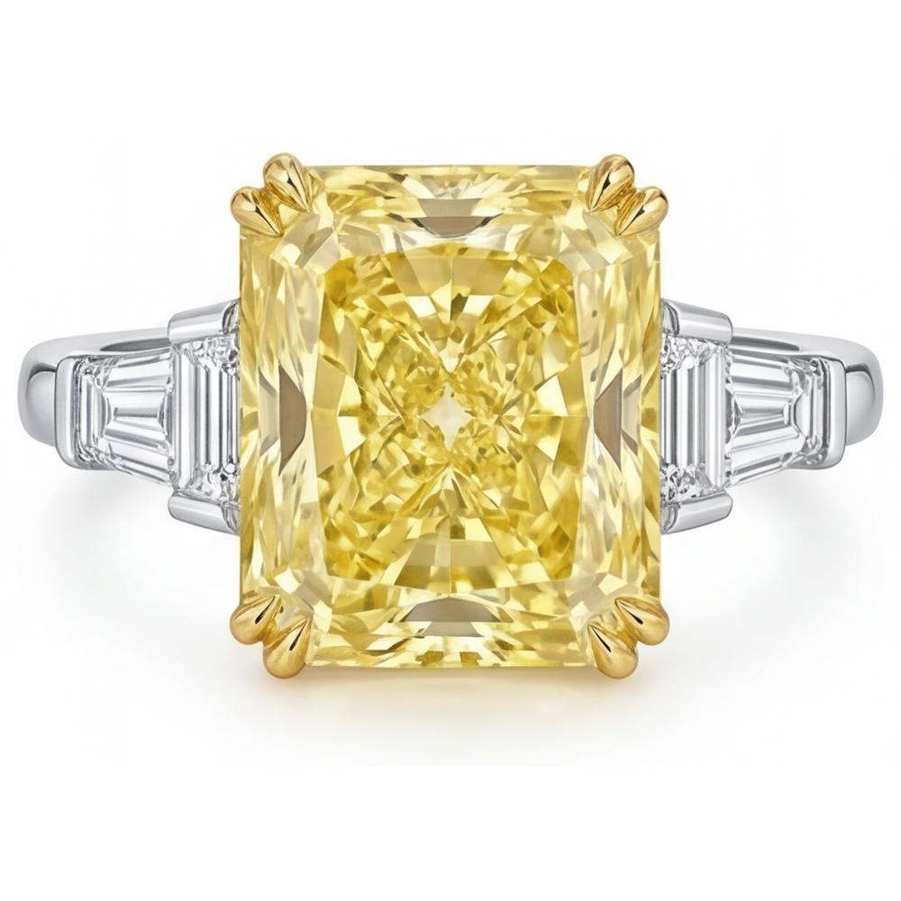Diamant Jaune Fancy Radiant Bague Trois Pierres en Or Deux Tons 14 Carats – vue principale