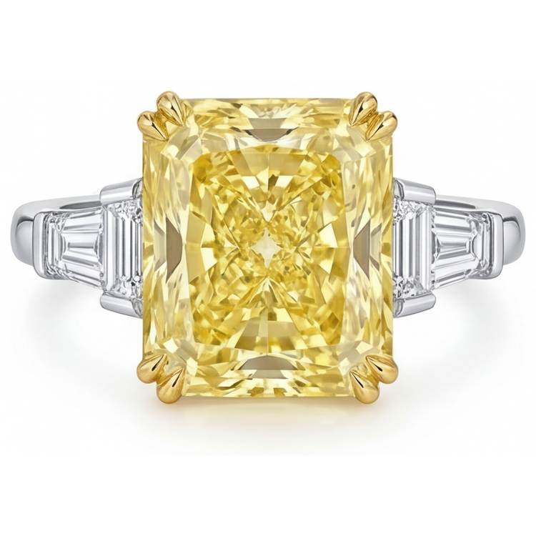 Diamant Jaune Fancy Radiant Bague Trois Pierres en Or Deux Tons 14 Carats – vue principale