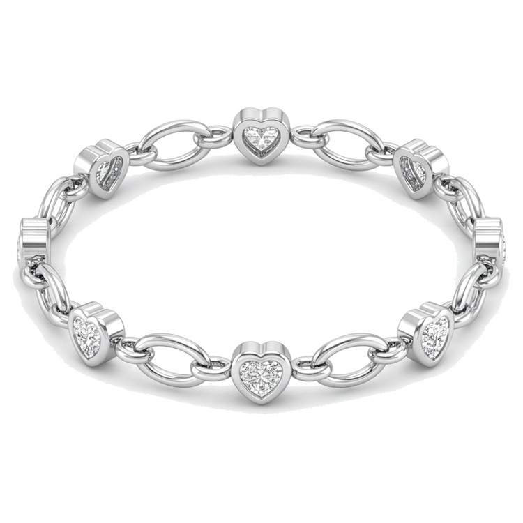Bracelet Cœur en Diamants de Laboratoire 3 Carats à Maillons Ovales Station en Or Blanc 14 Carats, 7 Pouces