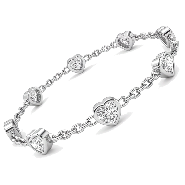Bracelet station cœurs en diamant 3 carats de laboratoire lunette Or Blanc 14 carats 7 pouces