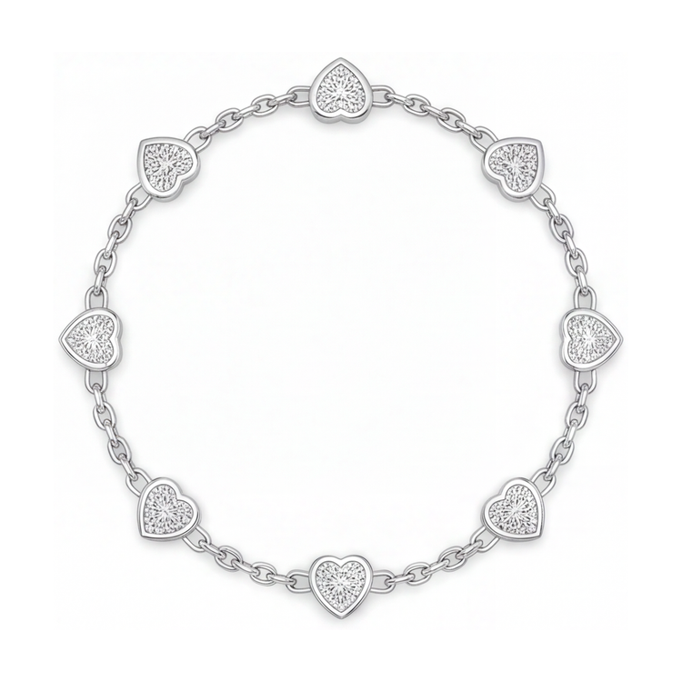 Bracelet station cœurs en diamant 3 carats de laboratoire lunette Or Blanc 14 carats 7 pouces