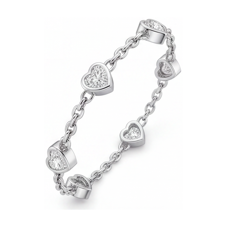Bracelet station cœurs en diamant 3 carats de laboratoire lunette Or Blanc 14 carats 7 pouces
