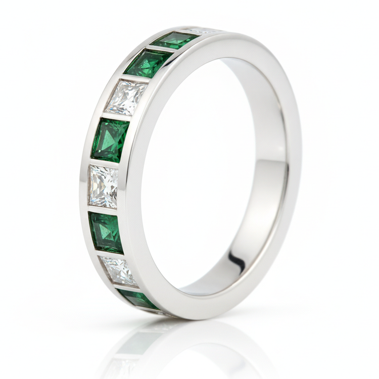 Bague de Fiançailles Taille Émeraude Véritable Demi-Alliance en Or Blanc 18 Carats