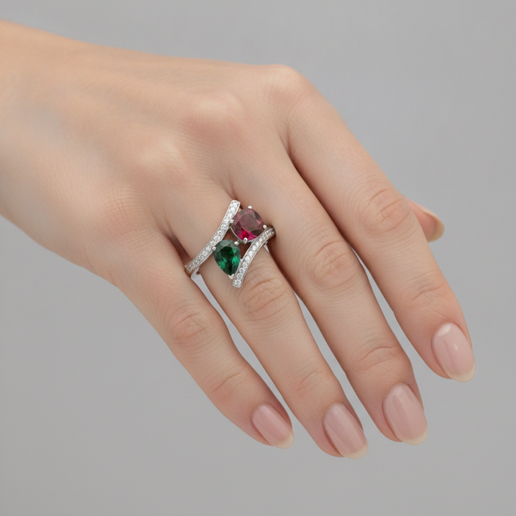 Bague de Fiançailles Émeraude Verte Véritable 1,5 Carat Deux Pierres Or Blanc 18K