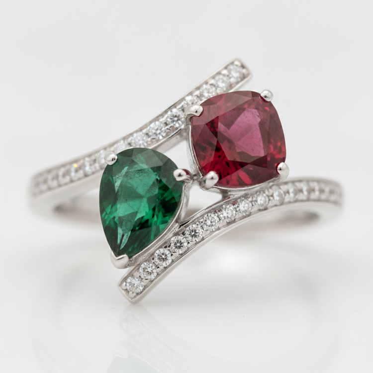 Bague de Fiançailles en Émeraude 1,5 Carat Véritable Verte Deux Pierres en Or Blanc 18 Carats