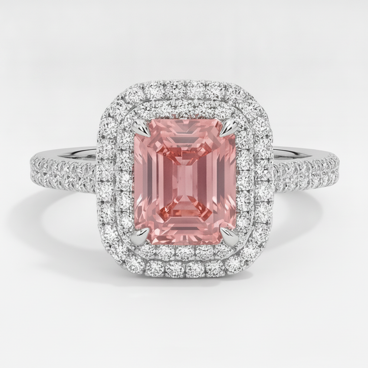 Bague en saphir Padparadscha 3,8 carats avec double Halo d'émeraudes naturelles en Or Blanc 14 carats