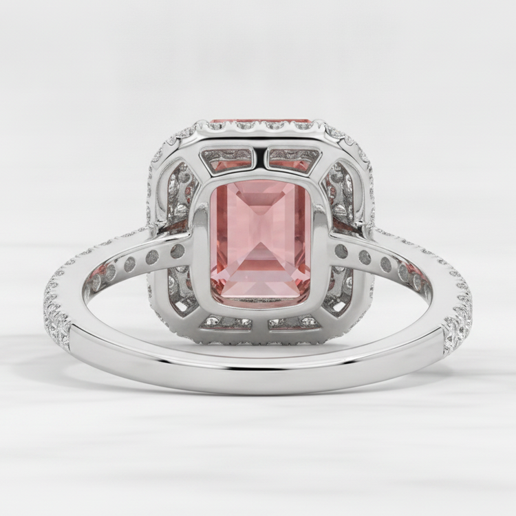 Bague en saphir Padparadscha 3,8 carats avec double Halo d'émeraudes naturelles en Or Blanc 14 carats