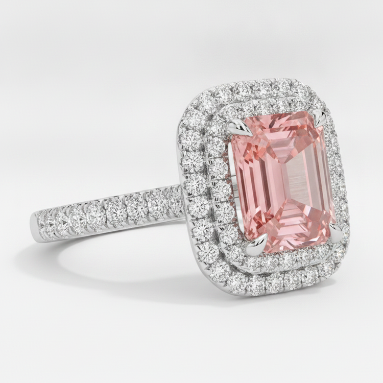 Bague en Saphir Padparadscha 3,8 Carats Double Halo d'Émeraudes Naturelles en Or Blanc 14 Carats