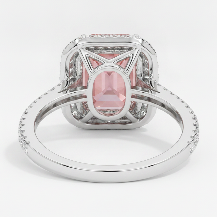 Bague en Saphir Padparadscha 3,8 Carats Double Halo d'Émeraudes Naturelles en Or Blanc 14 Carats