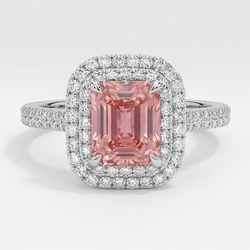 Bague en Saphir Padparadscha 3,8 Carats Double Halo d'Émeraudes Naturelles en Or Blanc 14 Carats