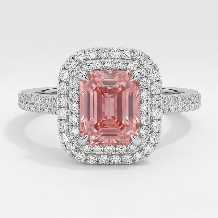 Bague en Saphir Padparadscha 3,8 Carats Double Halo d'Émeraudes Naturelles en Or Blanc 14 Carats