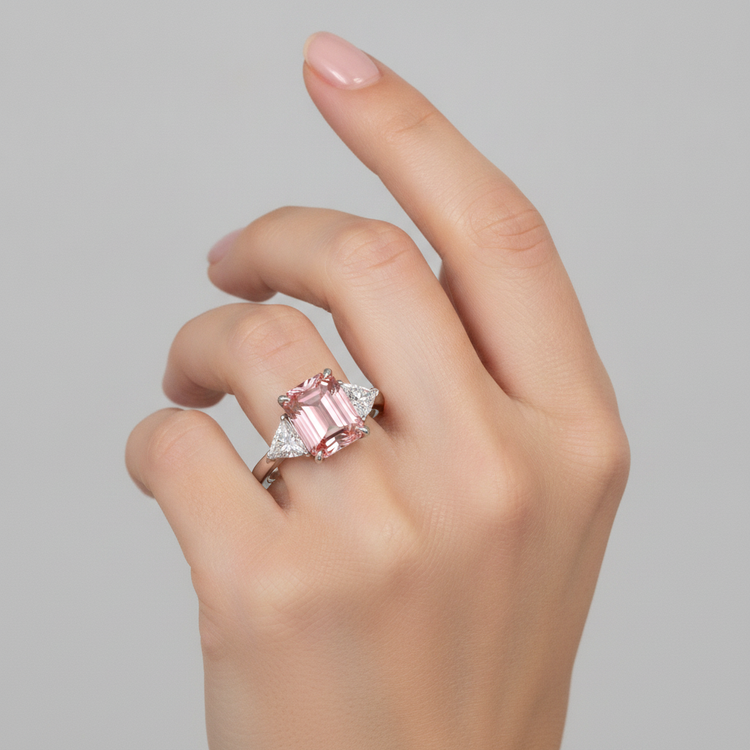 Bague trois pierres en platine, saphir Padparadscha 3,6 carats, émeraude véritable et trilliant blanc