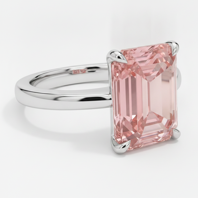 Bague solitaire saphir Padparadscha véritable couleur pêche taille émeraude 2,5 carats en Or Blanc 14 carats