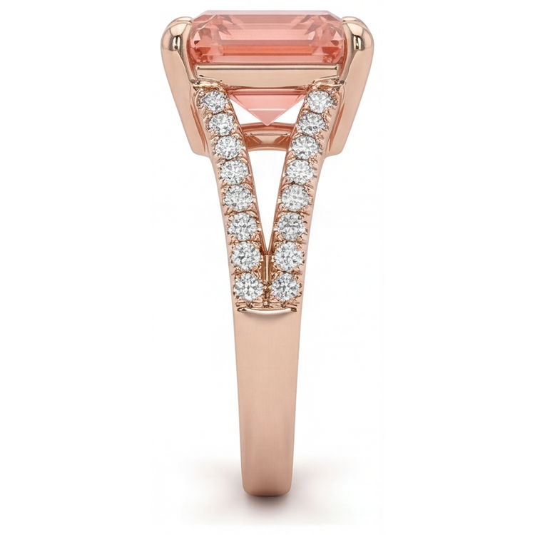 Bague de Fiançailles Saphir Pêche de laboratoire 4,3 Carats taille Émeraude Padparadscha Pavé Or Rose 14K