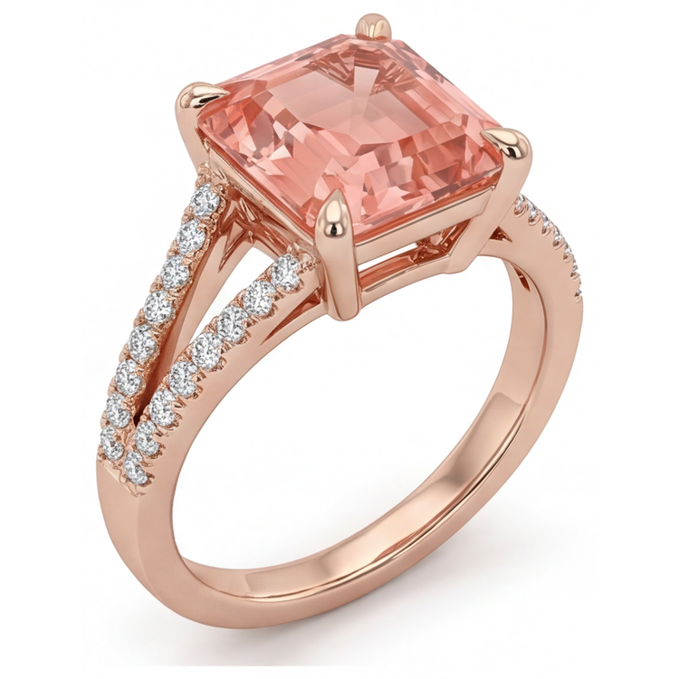 Bague de Fiançailles Saphir Pêche de laboratoire 4,3 Carats taille Émeraude Padparadscha Pavé Or Rose 14K