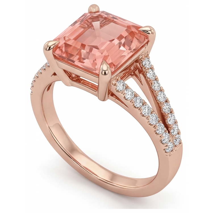 Bague de Fiançailles Saphir Pêche de laboratoire 4,3 Carats taille Émeraude Padparadscha Pavé Or Rose 14K